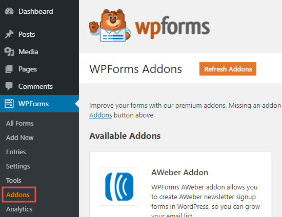 The WPForms addons page in your WordPress admin
