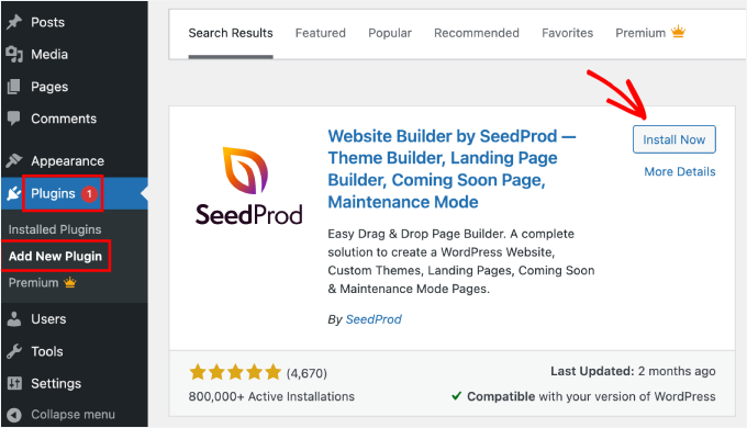 SeedProd plugin install now button SeedProd plugin install now button