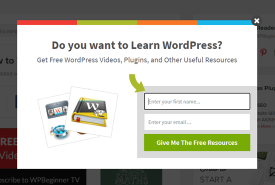 WPBeginner's exit intent popup, offering videos, plugins, and more