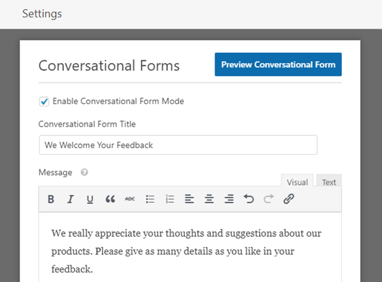 Entering a title and message for your conversational form