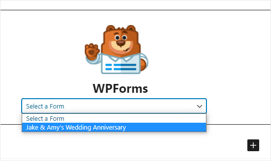 Selecting the RSVP form from the WPForms dropdown list