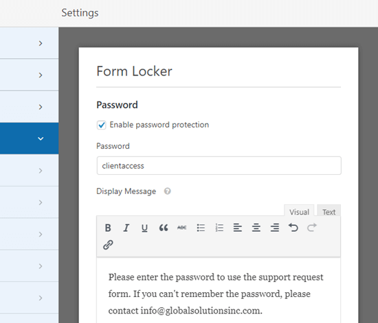 Entering a password and a message for your password protected form