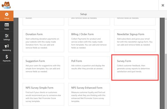 Select the Survey form template in WPForms