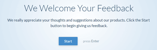 The conversational questionnaire - user clicks the Start button to begin