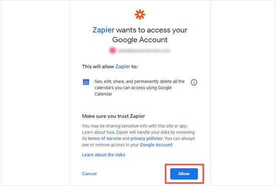 授予 Zapier 访问您的 Google 日历的权限