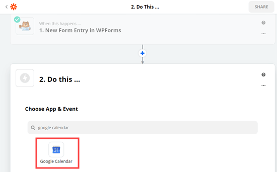 Selecting Google Calendar as your action app