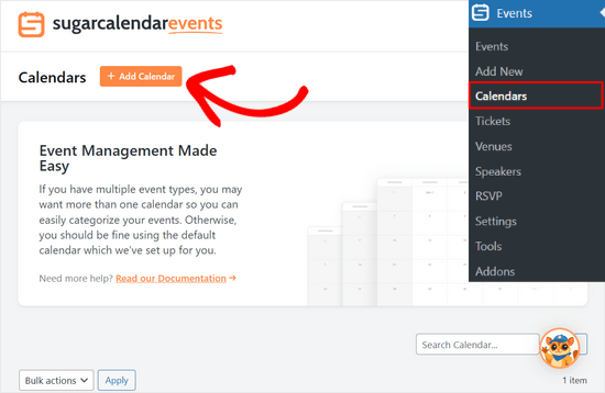 Faceți clic pe butonul Adăugați calendar în Sugar Calendar