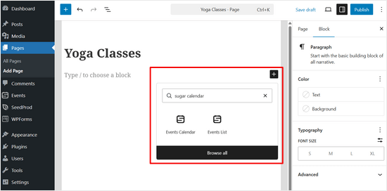 Adăugați blocul Sugar Calendar pe pagina dvs. pentru a afișa un calendar sau o listă de evenimente