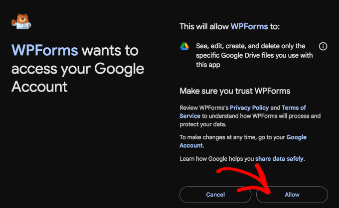 Allowing Google Drive permission to manage files