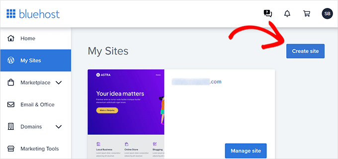 Create a new site in Bluehost
