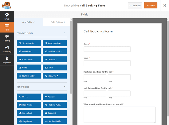 Creating a call booking form in WPForms
