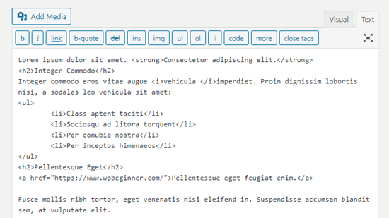 The corrected formatting code in the classic editor