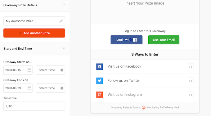 The RafflePress giveaway editor 