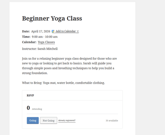 Exemplu de eveniment cu opțiune RSVP creat cu Sugar Calendar