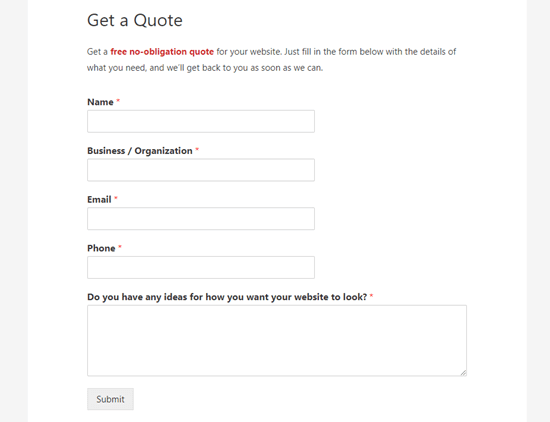 The Request a Quote form live on the website