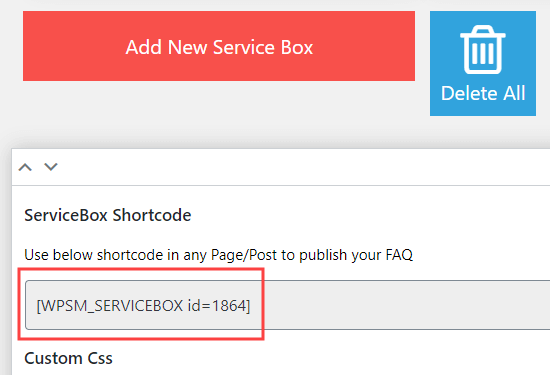 Obtenez le shortcode qui vous permet d'ajouter vos boîtes de service dans une page, une publication ou une zone de widget