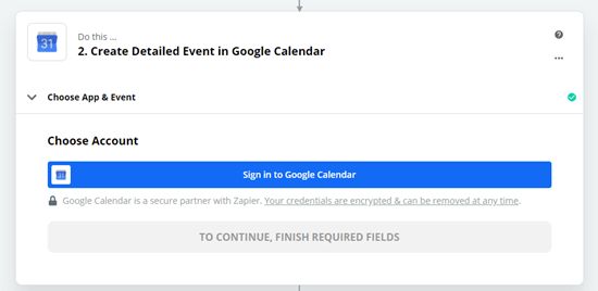 当 Zapier 提示时登录您的 Google 日历帐户
