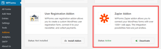 Installing the Zapier addon for WPForms