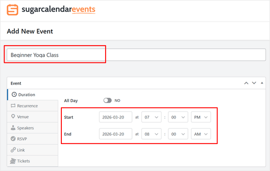 Introduceți un nume pentru evenimentul dvs. și setați durata