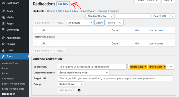 Redirections Settings Page
