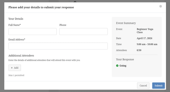 Formular RSVP creat cu Sugar Calendar