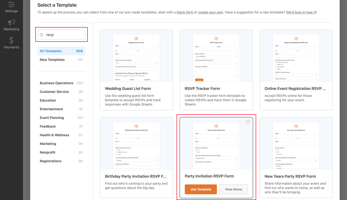 Choose one of the RSVP form templates