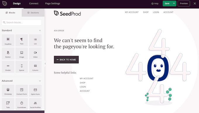 An example of a 404 page, created using SeedProd 