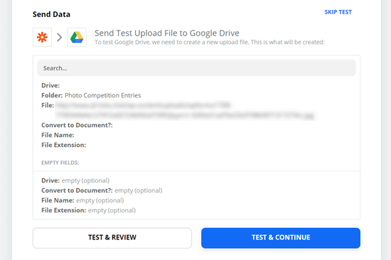 Sending the test file to Google Drive using Zapier