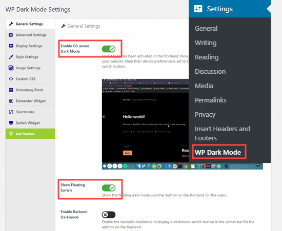 The General Settings page for the WP Dark Mode plugin