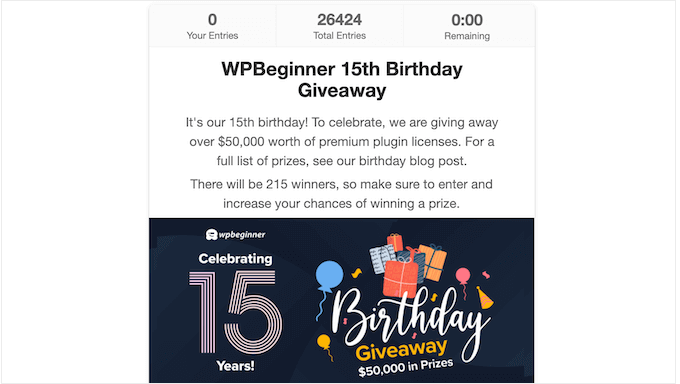 WPBeginner's annual birthday giveaway, powered by RafflePress