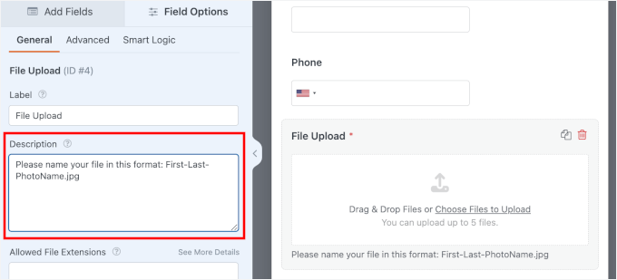 Adding file upload field description
