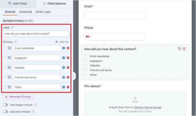 Adding label and choices