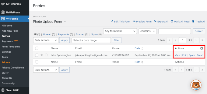 WPForms entries action