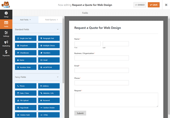 The default Request a Quote template in the WPForms form builder