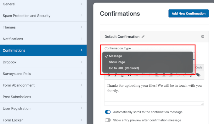 Choosing confirmation type