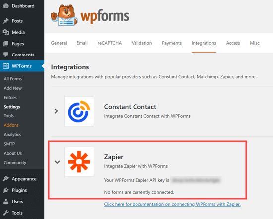 从 WPForms 获取 Zapier API 密钥