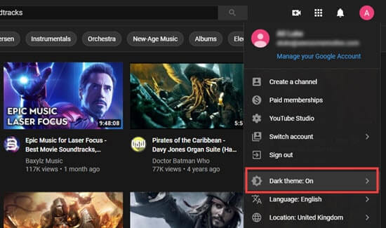 Viewing YouTube with the dark theme option switched on