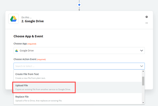 Choosing 'Upload File' as the action for the zap