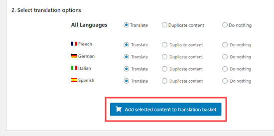 Adding your chosen product pages to your translation basket
