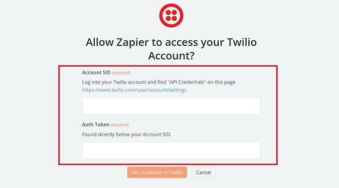 添加 Twilio 帐户 SID 和身份验证令牌