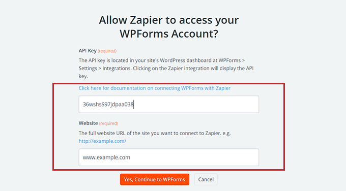 Add the WPForms API key