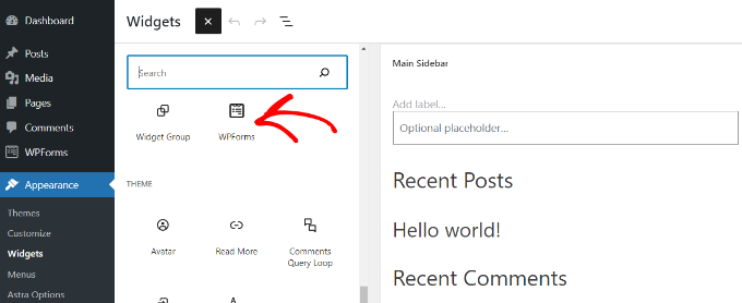 Add WPForms widget block in sidebar