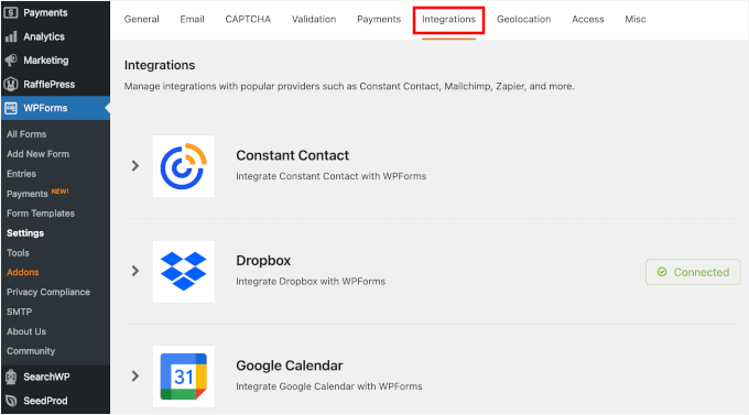 WPForms integrations menu WPForms integrations menu