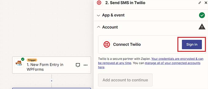 Click the Sign in button next to the Twilio