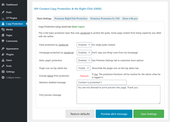 The settings for the WP Content Copy Protection & No Right Click plugin