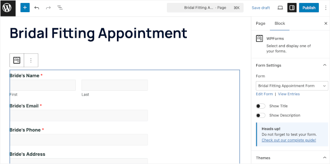 The appointment form on the WordPress editor The appointment form on the WordPress editor