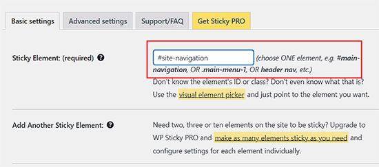 Entering the ID of the element that you want to make sticky (in this case, the navigation menu)