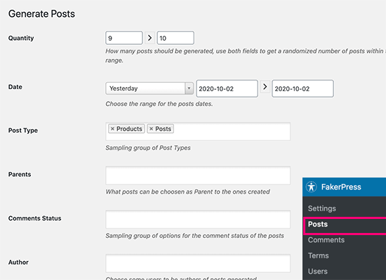 Generating dummy posts in WordPress