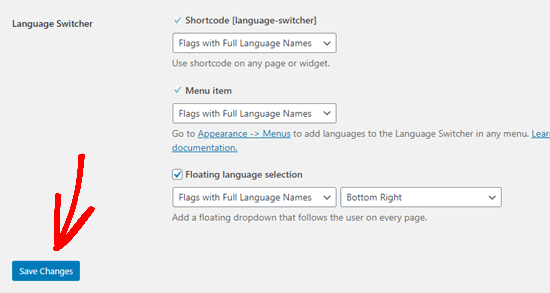 选择语言选择器选项并将更改保存在 TranslatePress 中