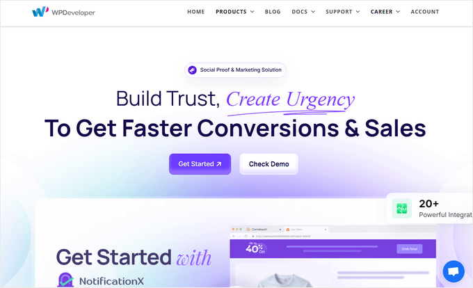 Pagina de destinație NotificationX